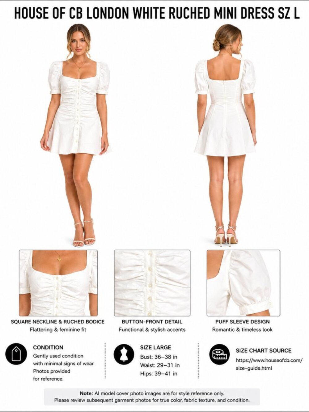 HOUSE OF CB WHITE RUCHED MINI DRESS SZ L
